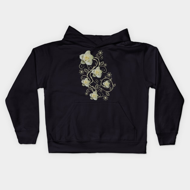 white roses, ornament, rose, flowers, petal bloom Kids Hoodie by rh_naturestyles